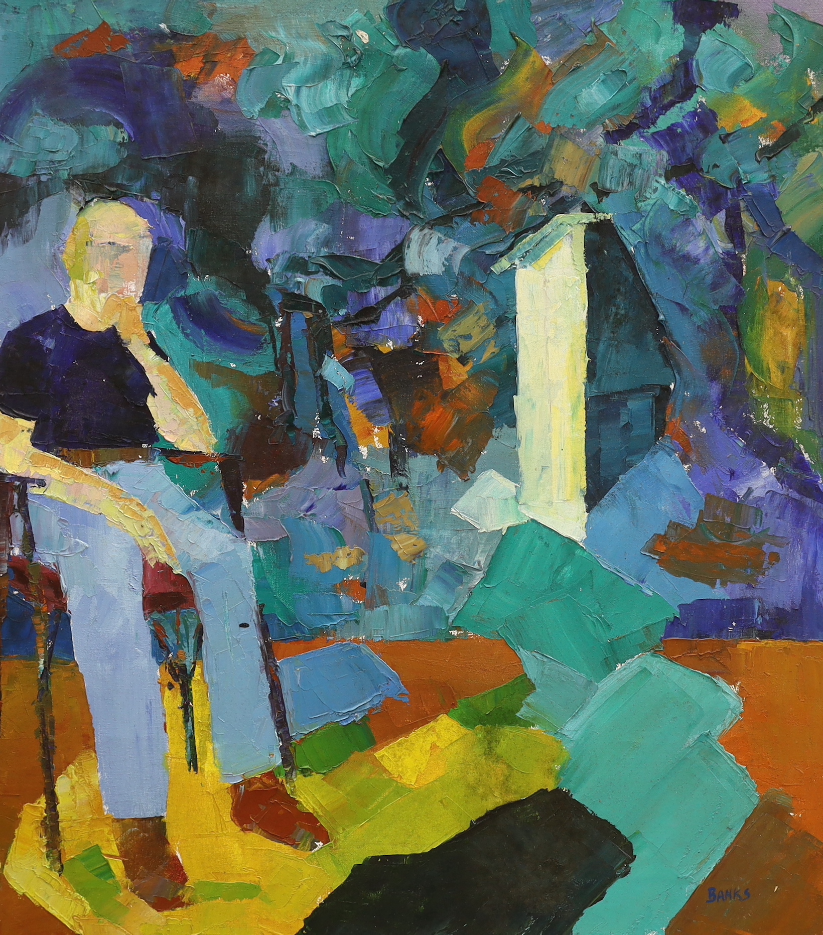 Brian Banks (b.1939) impasto oil on canvas, Study of a seated figure in an interior, signed, 56 x 50cm, unframed